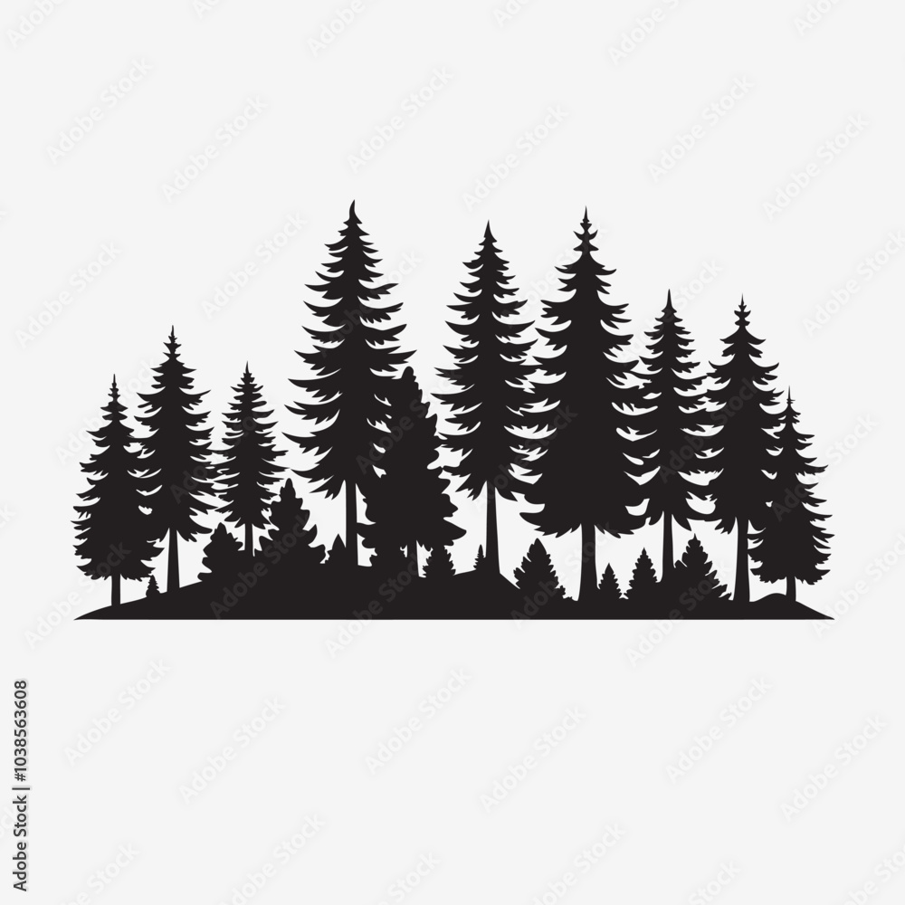 Fototapeta premium Pine Trees Forest Silhouette on White Background