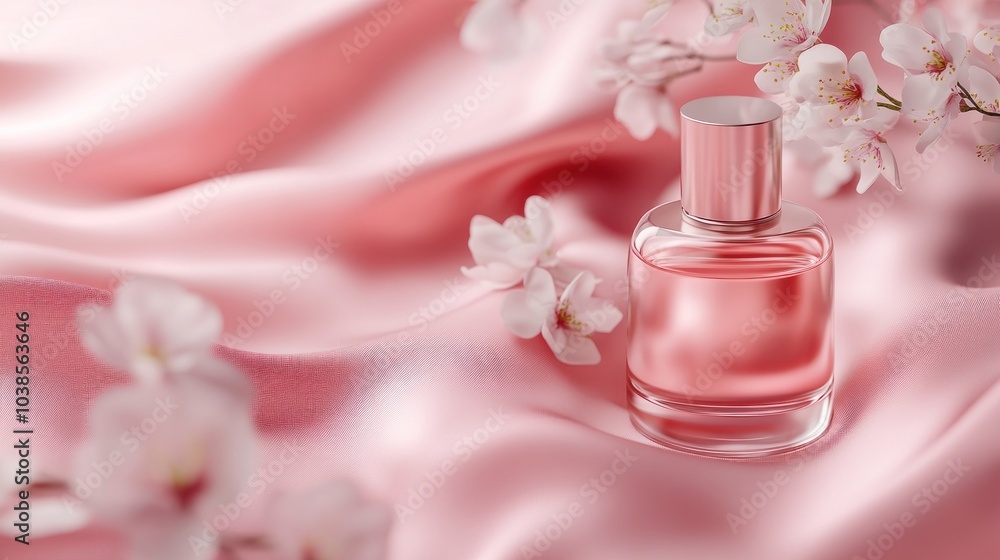 This stunning image features a beautifully designed perfume bottle nestled among delicate cherry blossoms on a luxurious pink silk backdrop evoking a sense of elegance and refinement. This stunning image features a beautifully designed perfume bottle nestled among delicate cherry blossoms on a luxurious pink silk backdrop evoking a sense of elegance and refinement.