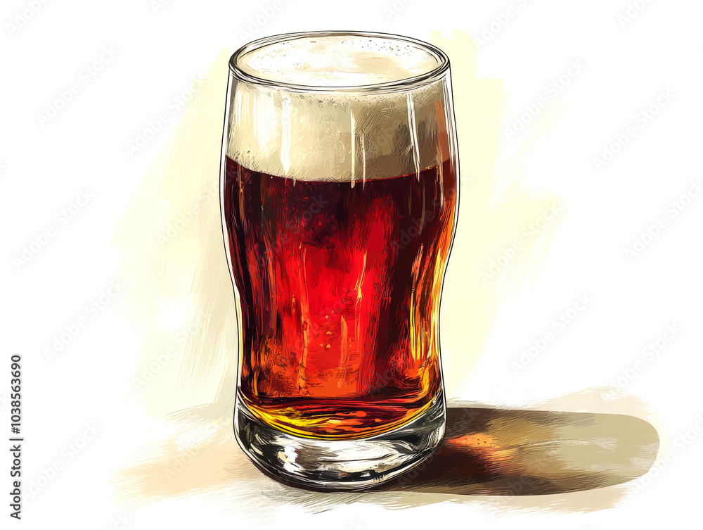 A glass of beer with a thick head of foam, on a white background. A glass of beer with a thick head of foam, on a white background.