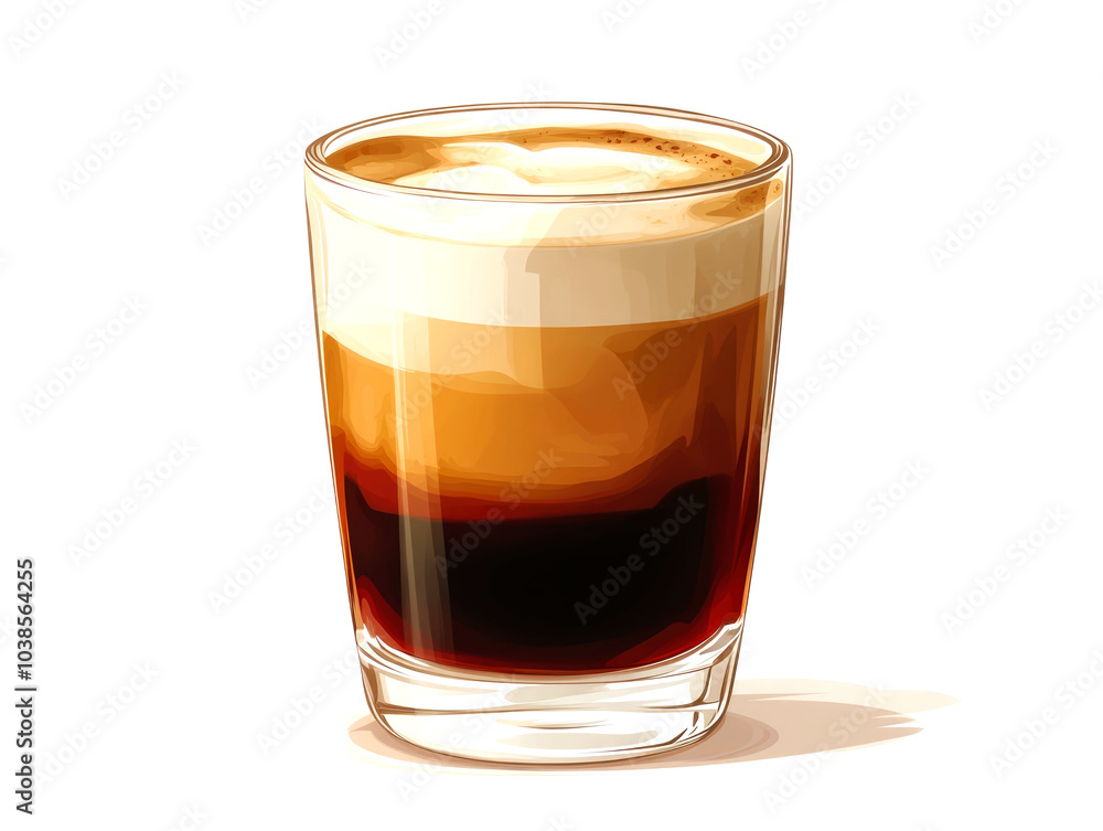 A glass of coffee with a layer of foam on top. A glass of coffee with a layer of foam on top.