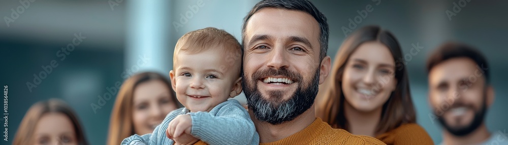Happy family portrait with smiling adults and a baby, showcasing love and connection. Happy family portrait with smiling adults and a baby, showcasing love and connection.