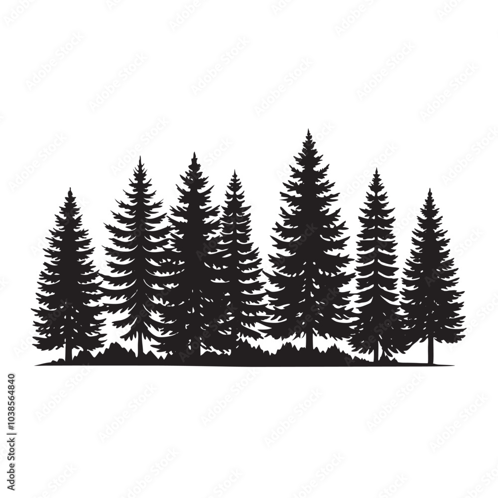 Obraz premium Pine Trees Forest Silhouette on White Background