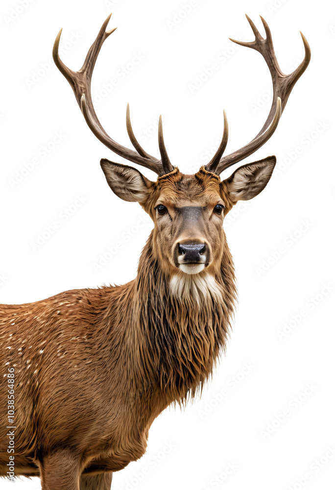 A majestic, light brown deer with white spots stands against a white background, its large antlers and alert eyes facing the camera, creating a striking visual contrast A majestic, light brown deer with white spots stands against a white background, its large antlers and alert eyes facing the camera, creating a striking visual contrast