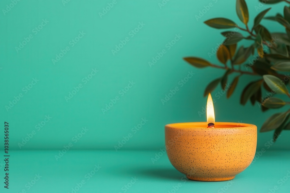 A glowing orange candle in a bowl rests on a teal surface, accompanied by a lush green plant, creating a serene and calming atmosphere. A glowing orange candle in a bowl rests on a teal surface, accompanied by a lush green plant, creating a serene and calming atmosphere.