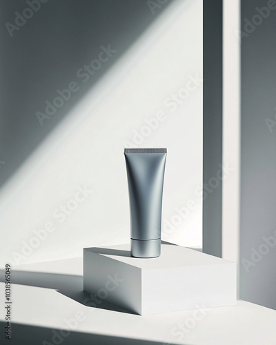 Sleek silver cream tube on textured platform with gradient gray background and diagonal shadows.