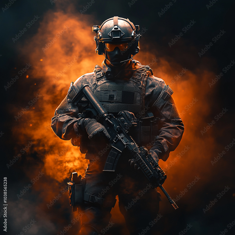 Fototapeta premium A soldier is standing in front of a blurred background, holding a rifle. Concept of danger and war, as the soldier is in a combat situation