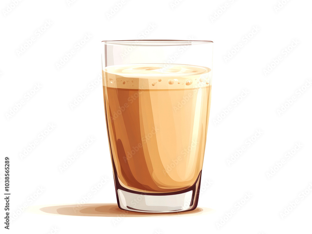 A glass of frothy latte with a creamy top layer and a soft shadow on a white background. A glass of frothy latte with a creamy top layer and a soft shadow on a white background.