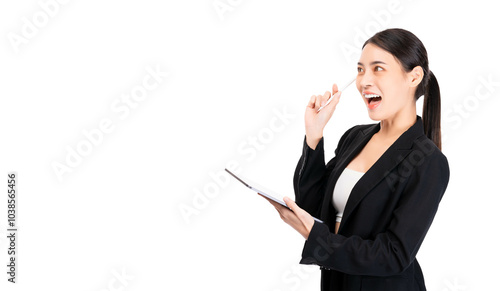 Confident businesswoman holding digital tablet and expressing excitement. The image represents professional success, enthusiasm, and modern business technology