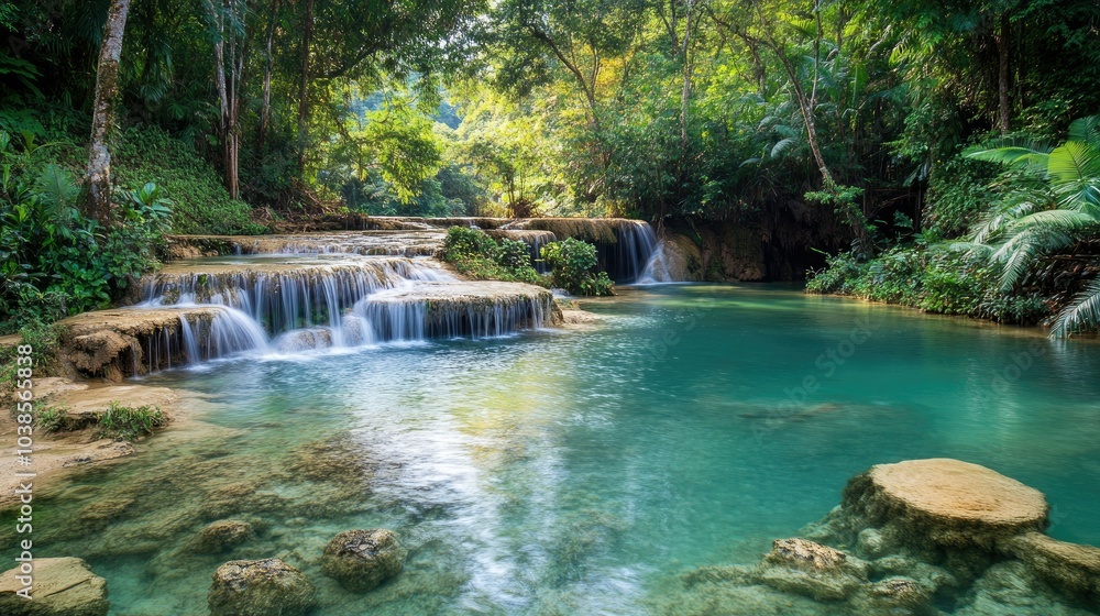 Serene Tropical Waterfall in a Lush Forest Setting Serene Tropical Waterfall in a Lush Forest Setting