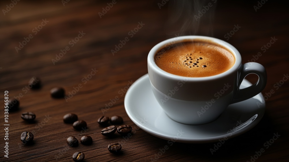 A steaming cup of espresso served in a sleek ceramic cup, Espresso cup placed on a saucer, Moody lighting for a cozy atmosphere A steaming cup of espresso served in a sleek ceramic cup, Espresso cup placed on a saucer, Moody lighting for a cozy atmosphere
