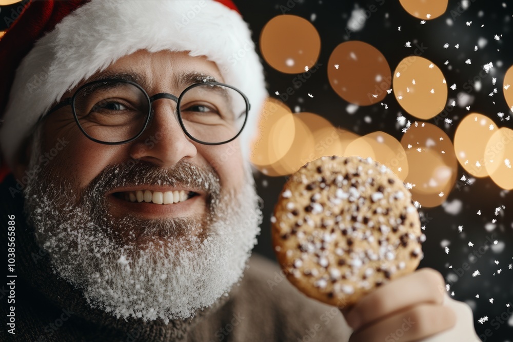 A joyful man in a Santa hat holds a cookie while snow falls around him, creating a warm, festive atmosphere with bokeh lights in the background. A joyful man in a Santa hat holds a cookie while snow falls around him, creating a warm, festive atmosphere with bokeh lights in the background.