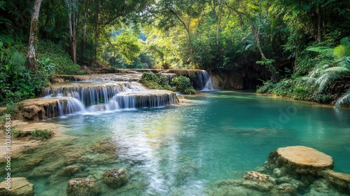 Serene Tropical Waterfall in a Lush Forest Setting