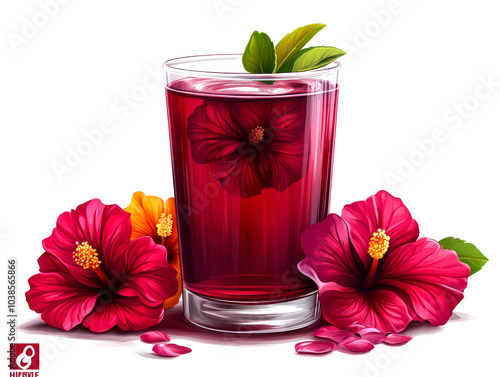 A glass of hibiscus tea with fresh hibiscus flowers on a white background. photo