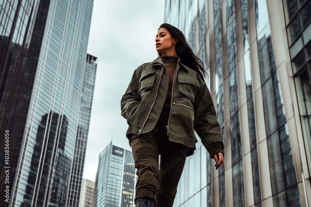 Fototapeta premium Woman in a military green bomber jacket, paired with combat boots, walking through a modern cityscape.
