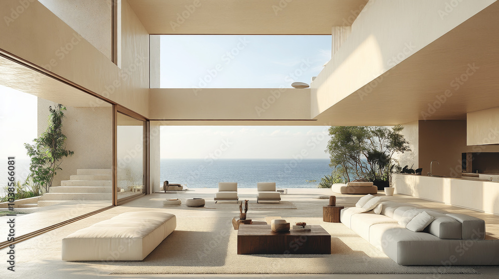 Fototapeta premium Luxurious Beach House Living Room with Ocean View