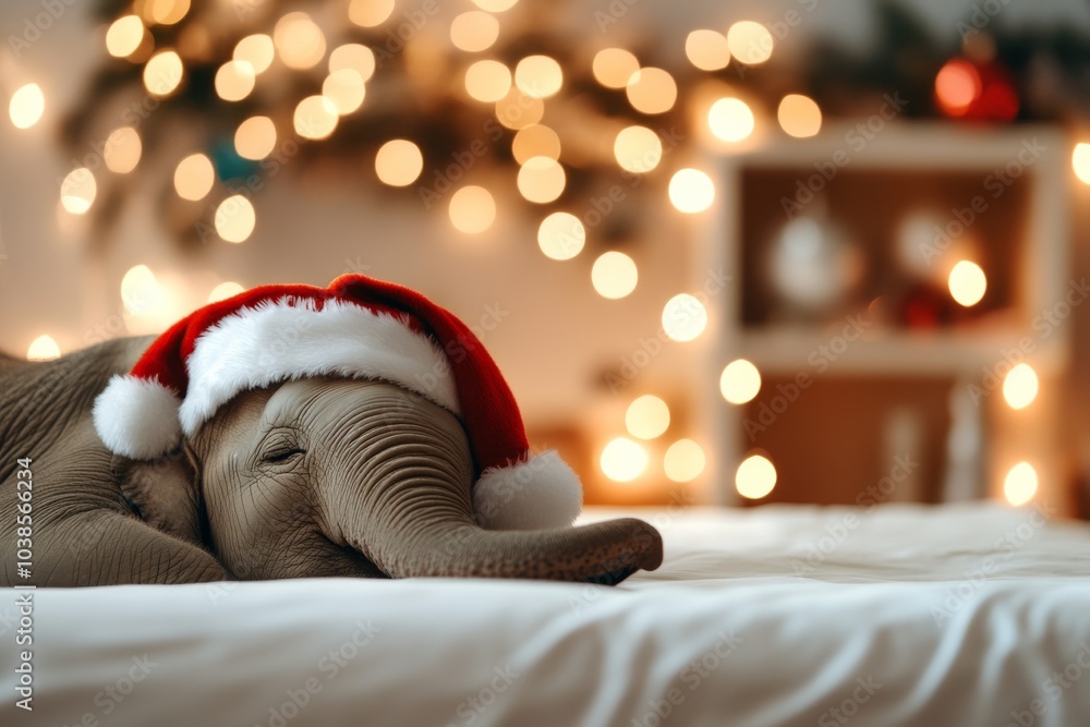 Obraz premium An elephant calf comfortably napping with a Santa hat on a soft surface set in a cozy room. The focused background contains vibrant holiday decorations.