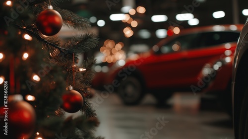 Festive automotive showroom with christmas lights and decorations for holiday cheer