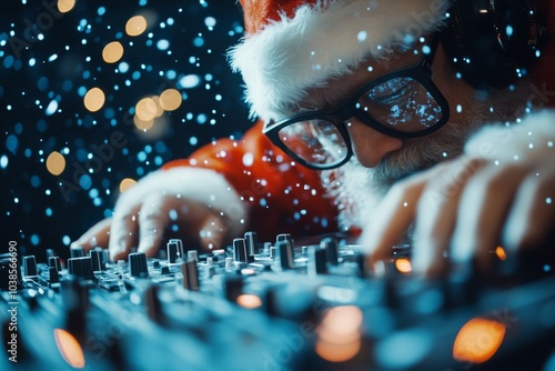 Santa Claus is intensely focused on using DJ equipment, mixing music with headphones on, surrounded by glowing holiday lights and falling, atmospheric snowflakes. photo