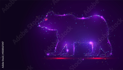 Silhouette of a bear made of glowing, multicolored dots, resembling stars. The vibrant particles form the powerful figure, creating a cosmic effect that symbolizes strength, wilderness, and majesty.