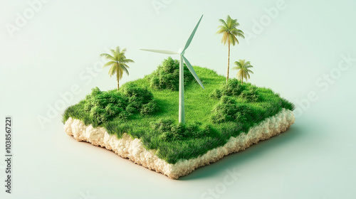 Renewable energy sources like windmills turbines, izometry miniature. Concept Renewable Green Energy, Windmills, Sunset Sky, Environmental Conservation photo