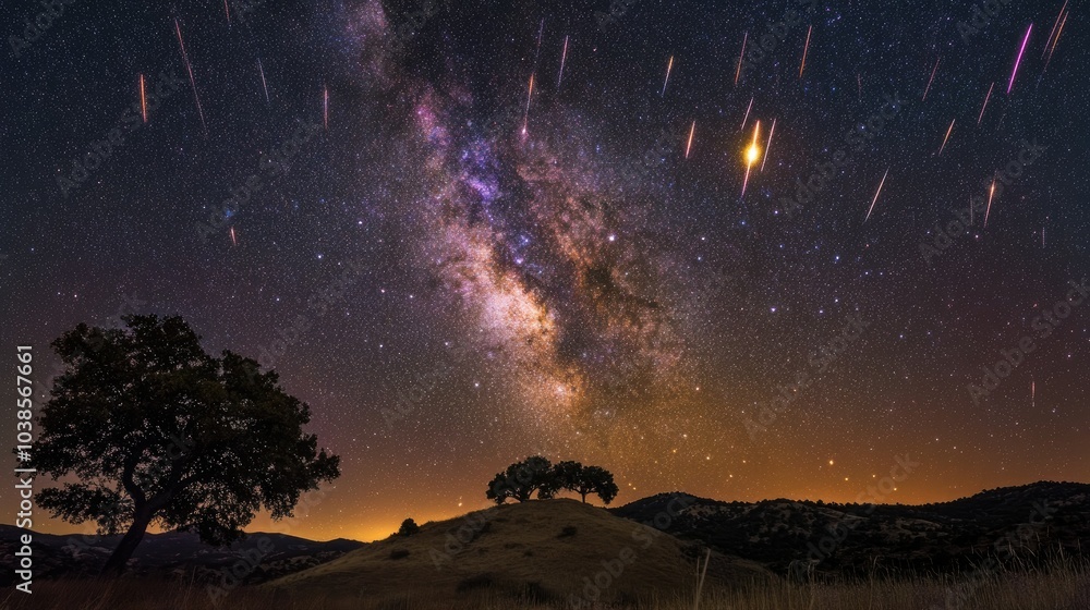 Starry Sky with Milky Way and Meteor Shower at Night Starry Sky with Milky Way and Meteor Shower at Night