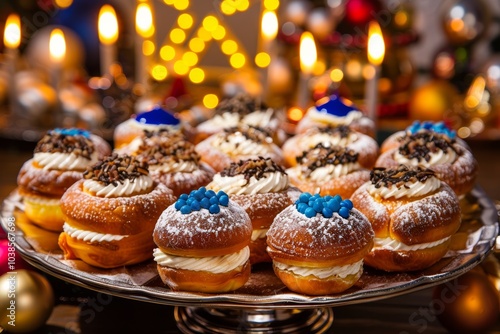 Festive hanukkah sufganiyot platter with candles and ornaments photo