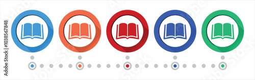 Book vector icon set, flat icons for logo design, webdesign and mobile applications, colorful round buttons. eps