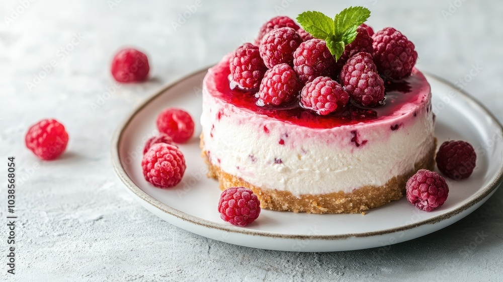 Fresh Raspberry Cheesecake on a White Plate Fresh Raspberry Cheesecake on a White Plate