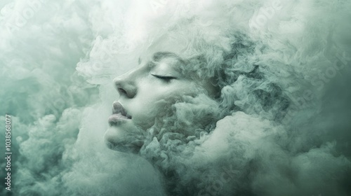 Abstract art photo of a woman head fading into a cloud or smoke, evoking emotions of mystery, introspection, and surrealism.