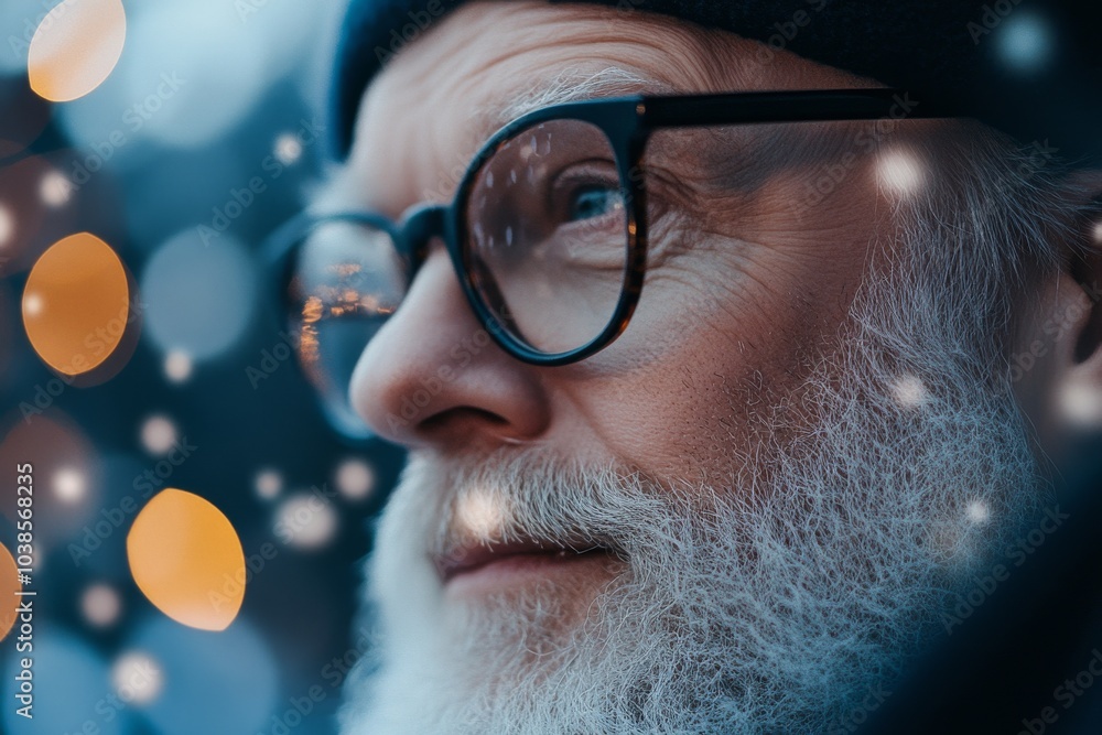 A thoughtful bearded man wearing glasses captured in a close-up shot with a dreamy winter background, reflecting on life and the magical holiday atmosphere. A thoughtful bearded man wearing glasses captured in a close-up shot with a dreamy winter background, reflecting on life and the magical holiday atmosphere.