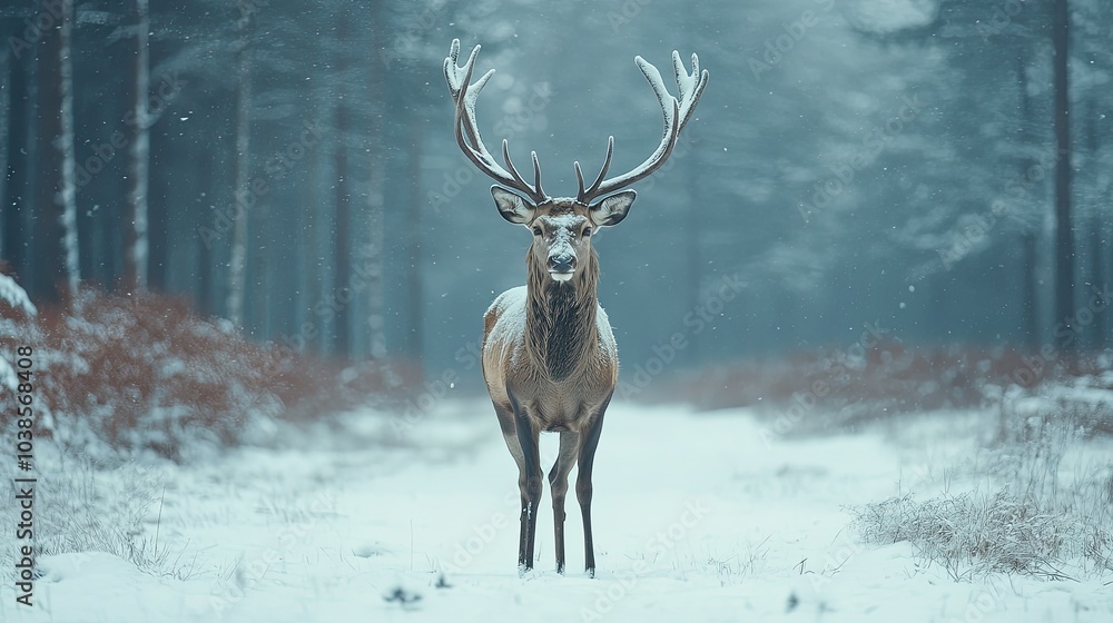 Majestic Deer in Snowy Forest Landscape Majestic Deer in Snowy Forest Landscape
