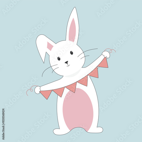 Cute cartoon white rabbit holding a bunting