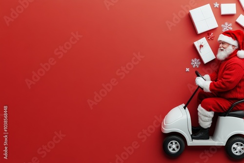 A joyful Santa Claus drives a small white golf cart, leaving a trail of scattered gifts on a vibrant red background, embodying the festive Christmas spirit.