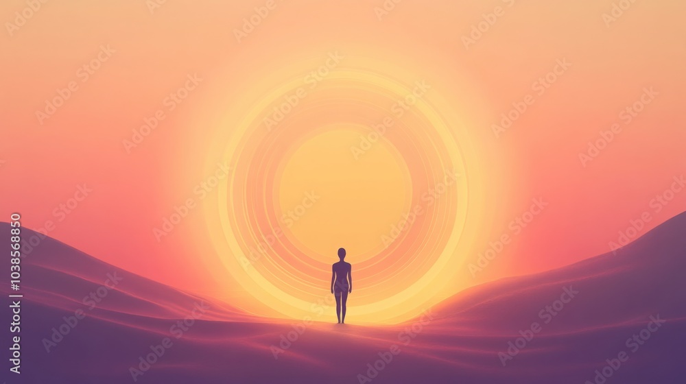 A minimalist silhouette of a person standing in the center of softly glowing rings, symbolizing balance, well-being A minimalist silhouette of a person standing in the center of softly glowing rings, symbolizing balance, well-being