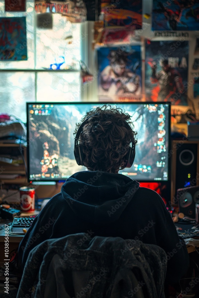 A teenage gamer playing on his PC, headphones on, in a messy bedroom filled with gaming gear, empty cans, and posters on the walls, fully immersed in the game A teenage gamer playing on his PC, headphones on, in a messy bedroom filled with gaming gear, empty cans, and posters on the walls, fully immersed in the game