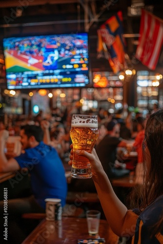 A lively scene in a sports bar with a close-up of a hand holding a glass of beer. In the background, multiple screens show a soccer match while patrons enjoy the vibrant atmosphere. photo