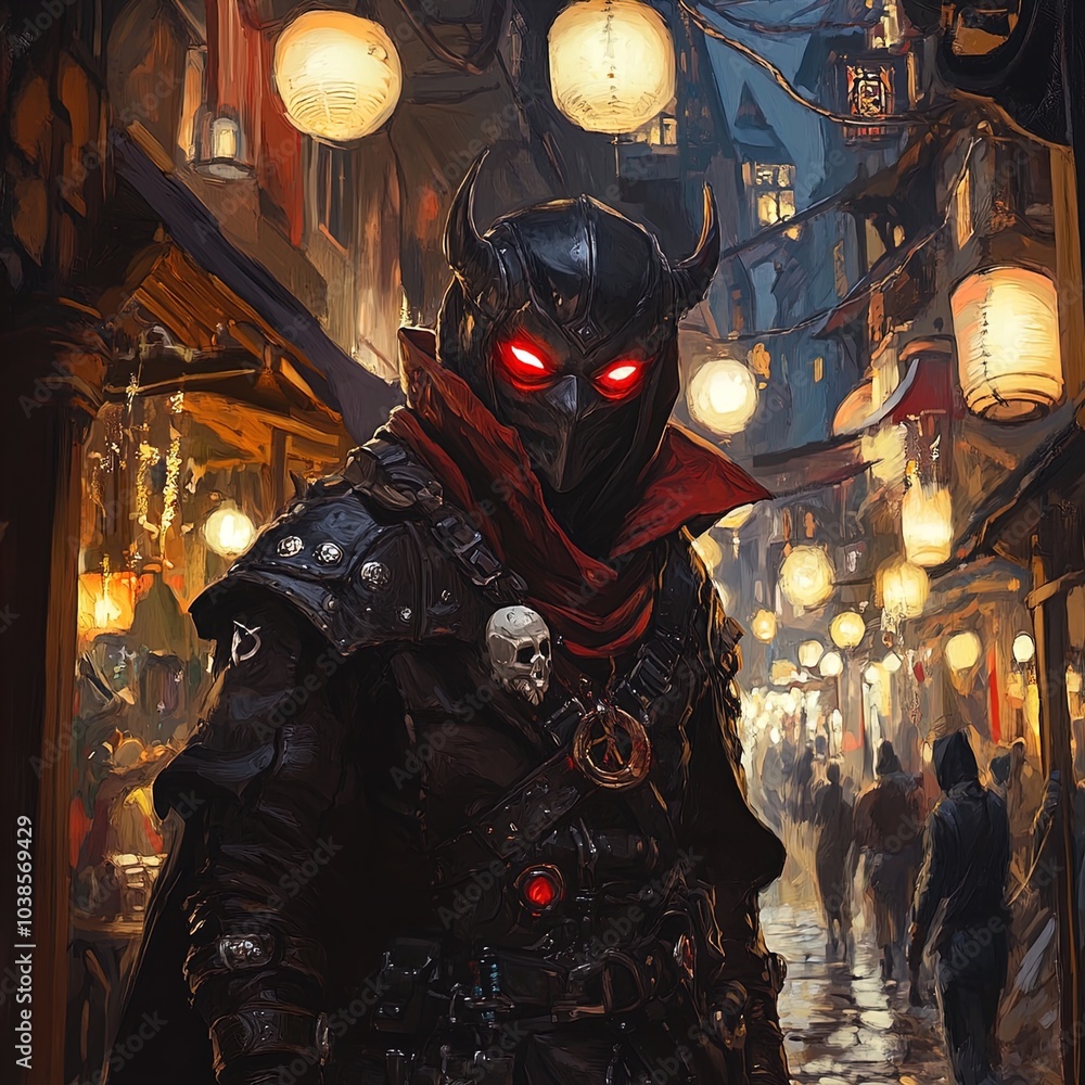 A mysterious figure stands in a narrow street illuminated by glowing lanterns. The character is dressed in dark, intricate armor featuring spikes and a red scarf. Their face is partly obscured by a he A mysterious figure stands in a narrow street illuminated by glowing lanterns. The character is dressed in dark, intricate armor featuring spikes and a red scarf. Their face is partly obscured by a he