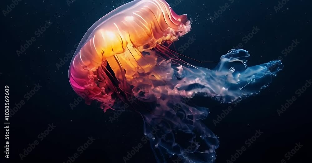 Vibrant jellyfish floating in deep ocean waters. Vibrant jellyfish floating in deep ocean waters.