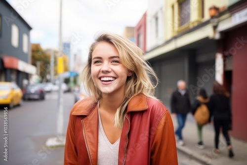 Portrait of a beautiful young blond woman smiling at the camera in the city