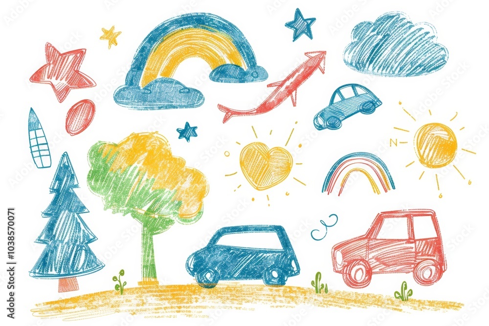 Fototapeta premium Colorful crayon drawings of cars, trees, and stars for children's art