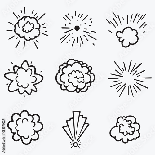 Outline Icons set of cute Booms Explosion