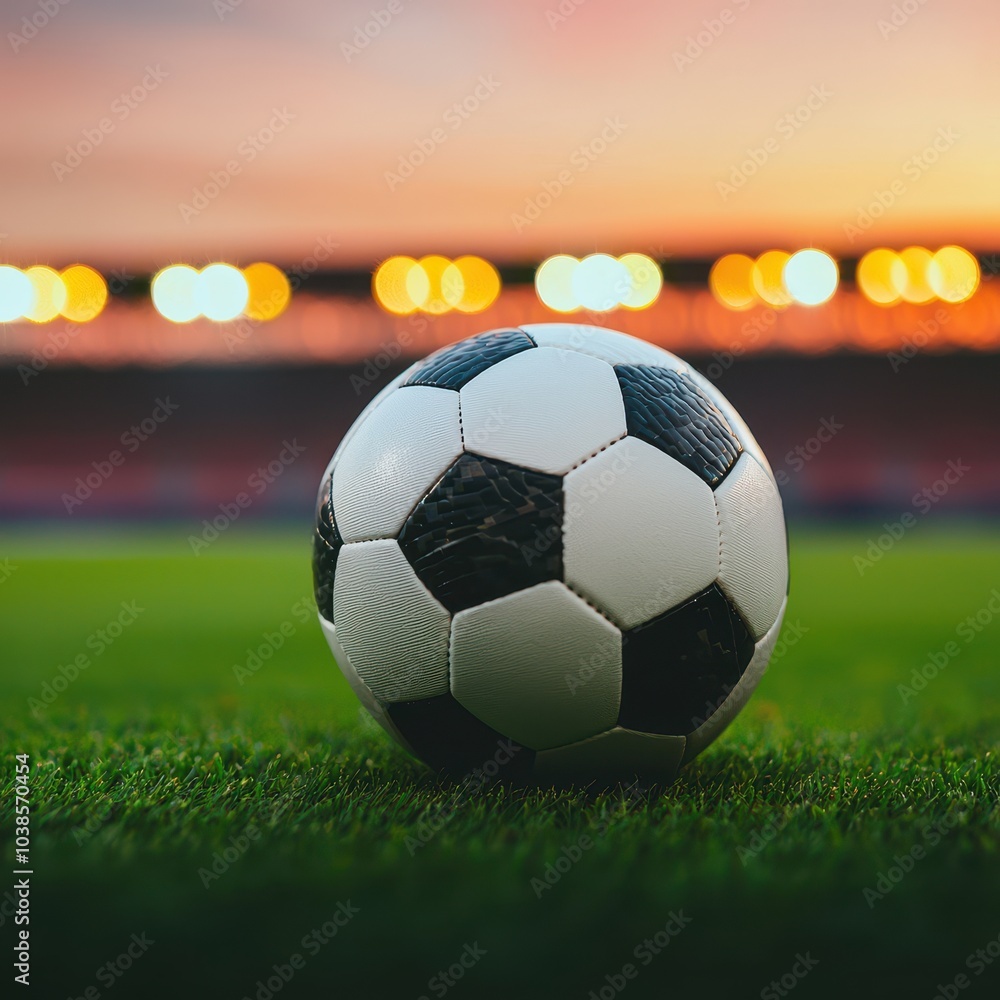 Fototapeta premium Close-up of a soccer ball on grass field with blurred background lights.