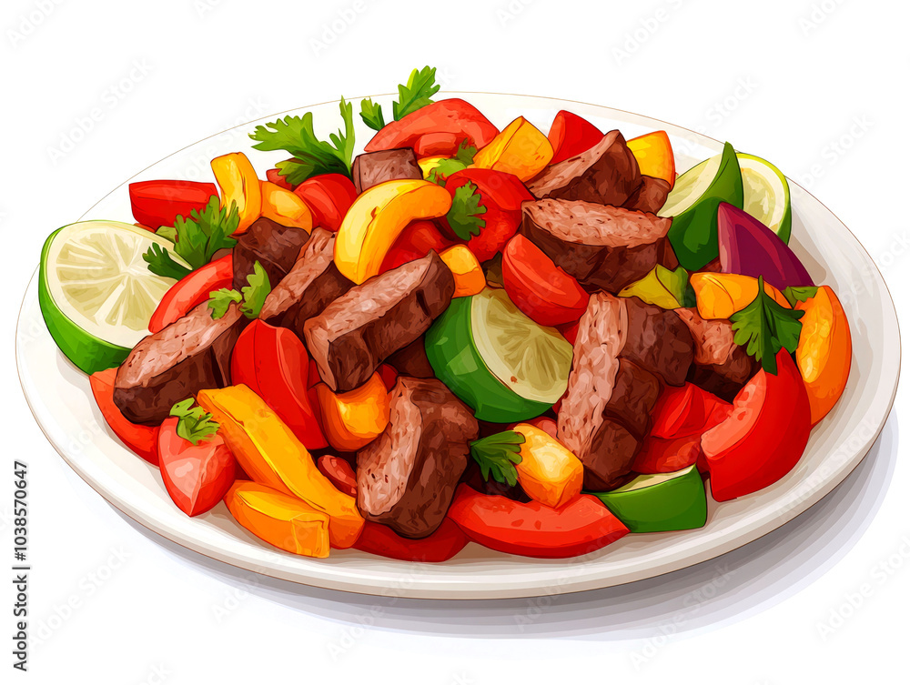 A plate of grilled beef, red and yellow peppers, sliced tomatoes, and lime wedges. A plate of grilled beef, red and yellow peppers, sliced tomatoes, and lime wedges.