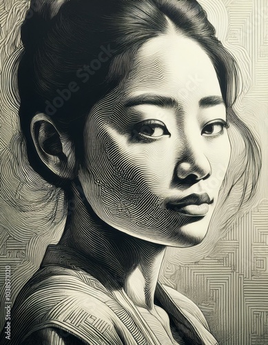 Retrato en blanco y negro de una mujer en estilo artístico de grabado y sombreado.