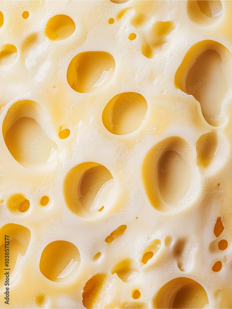 Close-up of a creamy cheese texture featuring numerous holes, showcasing its unique structure and inviting appearance. Close-up of a creamy cheese texture featuring numerous holes, showcasing its unique structure and inviting appearance.