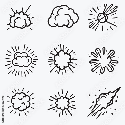 Outline Icons set of cute Booms Explosion