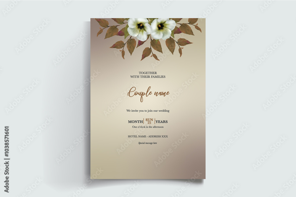 Fototapeta premium WEDDING INVITATION FRAME WITH FLOWER DECORATIONS AND FRESH LEAVES 