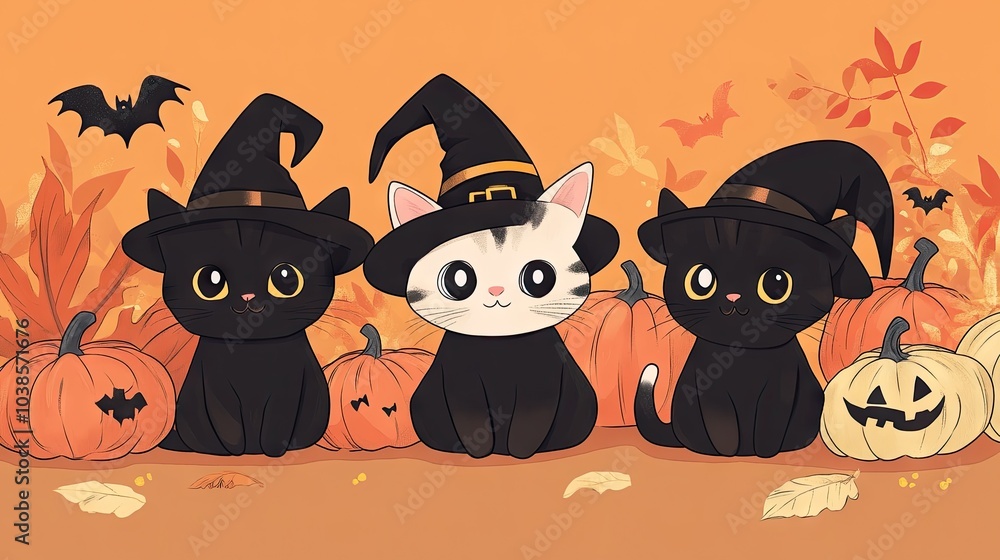 Halloween scene with three cute cats wearing witch hats, posing in front of pumpkins and an orange background. Halloween scene with three cute cats wearing witch hats, posing in front of pumpkins and an orange background.