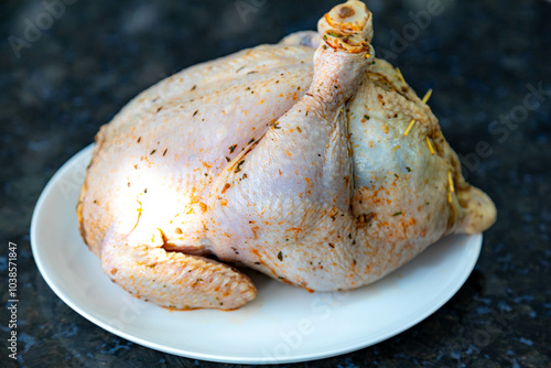 Rustic roast chicken stuffed with farofa photo