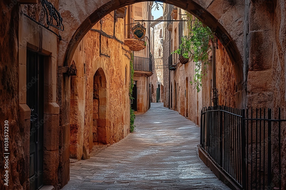 Fototapeta premium An archway leading to an old city street in Mallorca, Spain. The alley is lined with ancient stone buildings